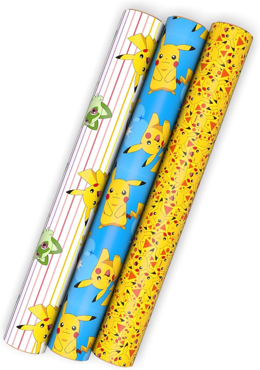 image:imageHallmark Pokmon Wrapping Paper Mini Rolls 3Pack Pikachu Squirtle Charmander Jigglypuff Bulbasaur for Birthdays Graduations Christmas Gamers Kids Any Occasion 45 Sq Ft Total