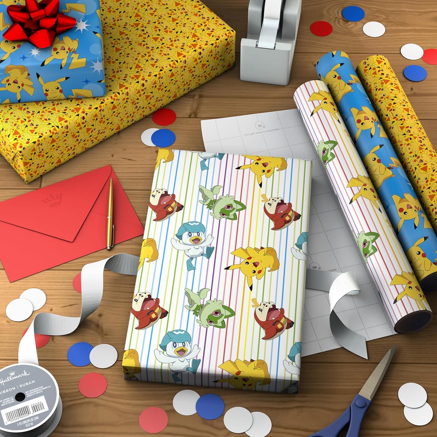 image:imageHallmark Pokmon Wrapping Paper Mini Rolls 3Pack Pikachu Squirtle Charmander Jigglypuff Bulbasaur for Birthdays Graduations Christmas Gamers Kids Any Occasion 45 Sq Ft Total