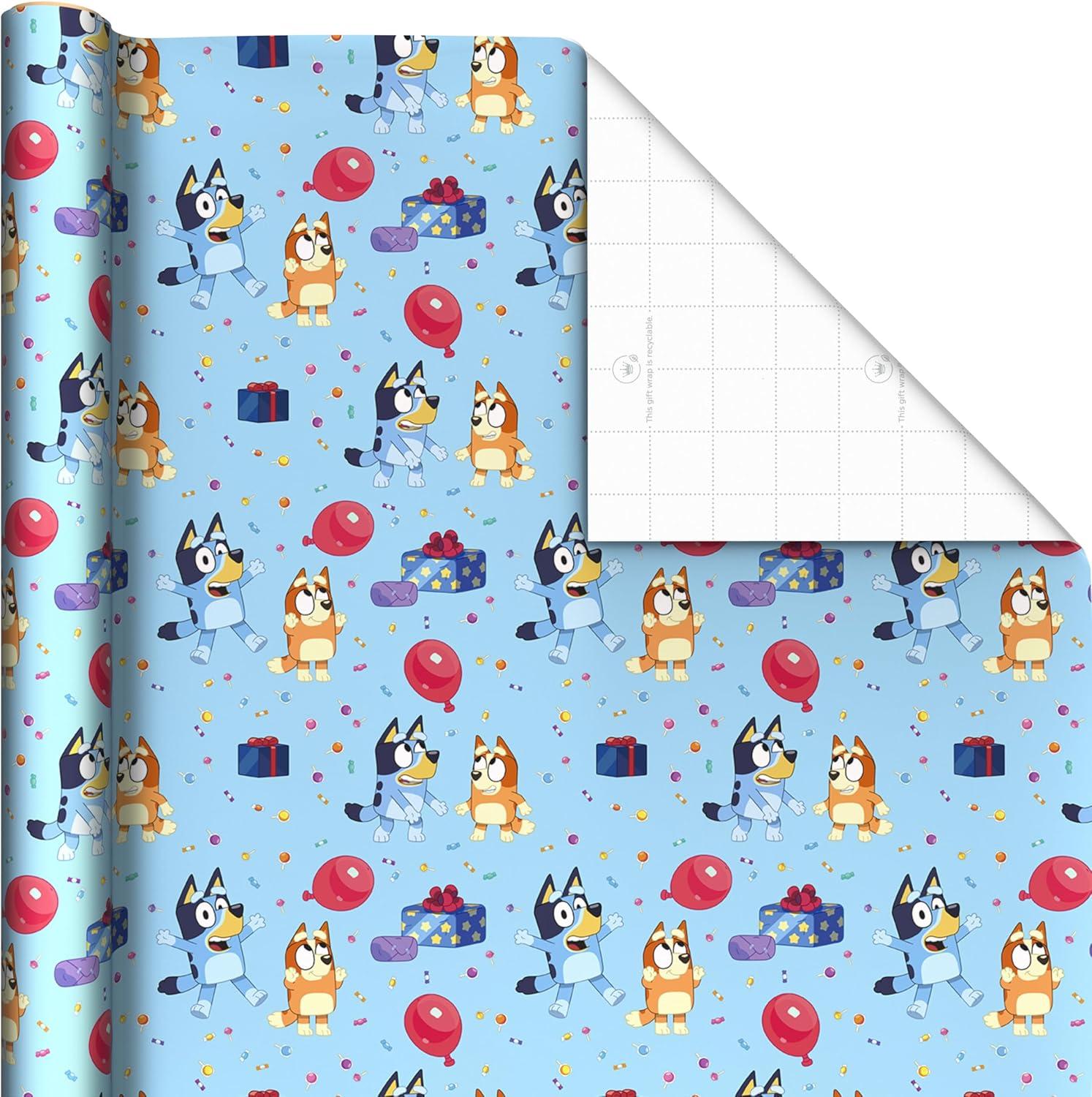 image:imageHallmark Bluey Wrapping Paper Rolls for Kids 3 Rolls 60 Sq Ft Total Purple Blue and Yellow Gift Wrap for Birthdays Christmas Valentines Day