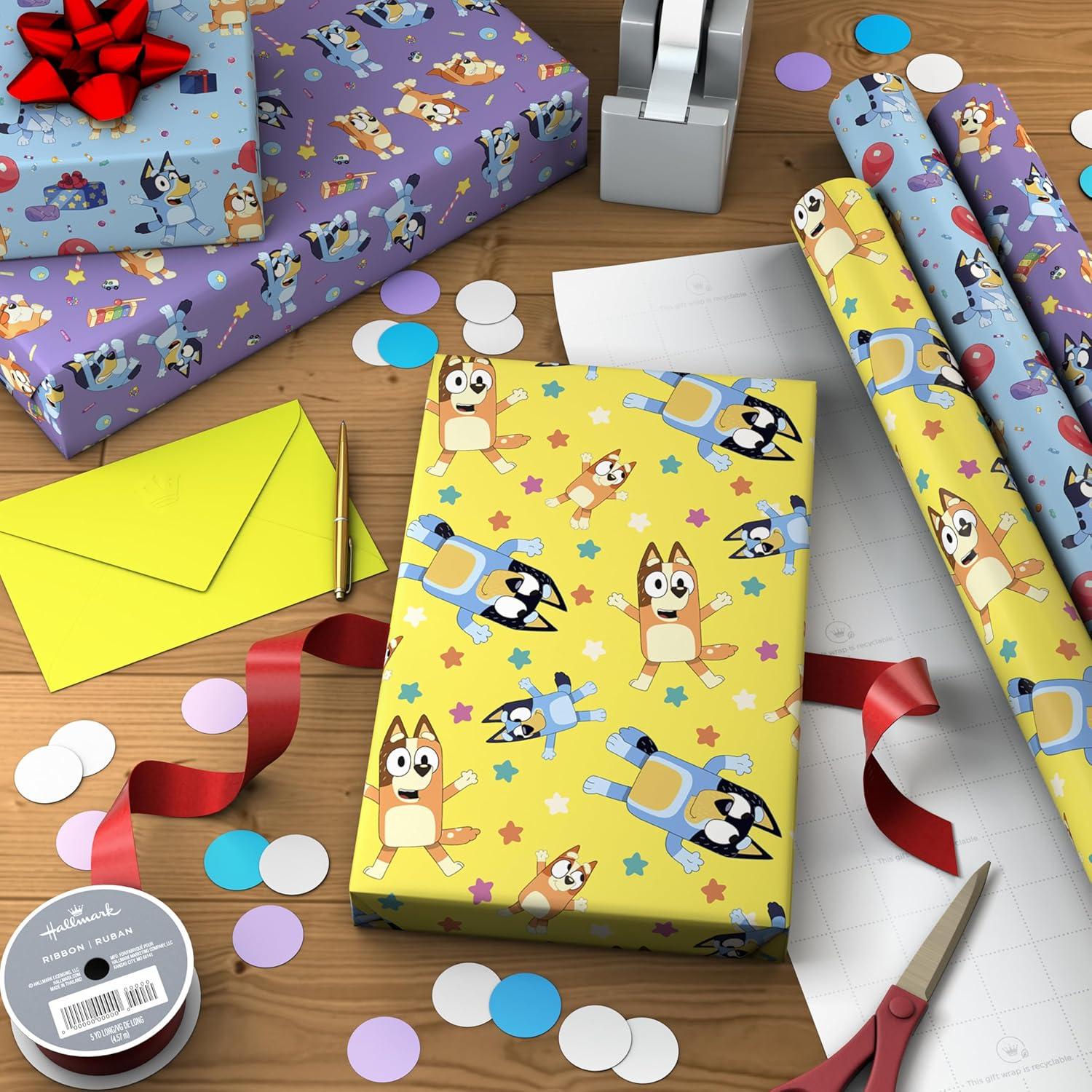 image:imageHallmark Bluey Wrapping Paper Rolls for Kids 3 Rolls 60 Sq Ft Total Purple Blue and Yellow Gift Wrap for Birthdays Christmas Valentines Day