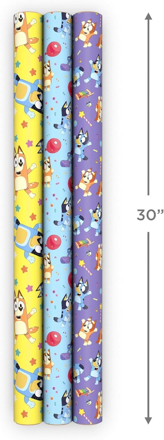 image:imageHallmark Bluey Wrapping Paper Rolls for Kids 3 Rolls 60 Sq Ft Total Purple Blue and Yellow Gift Wrap for Birthdays Christmas Valentines Day