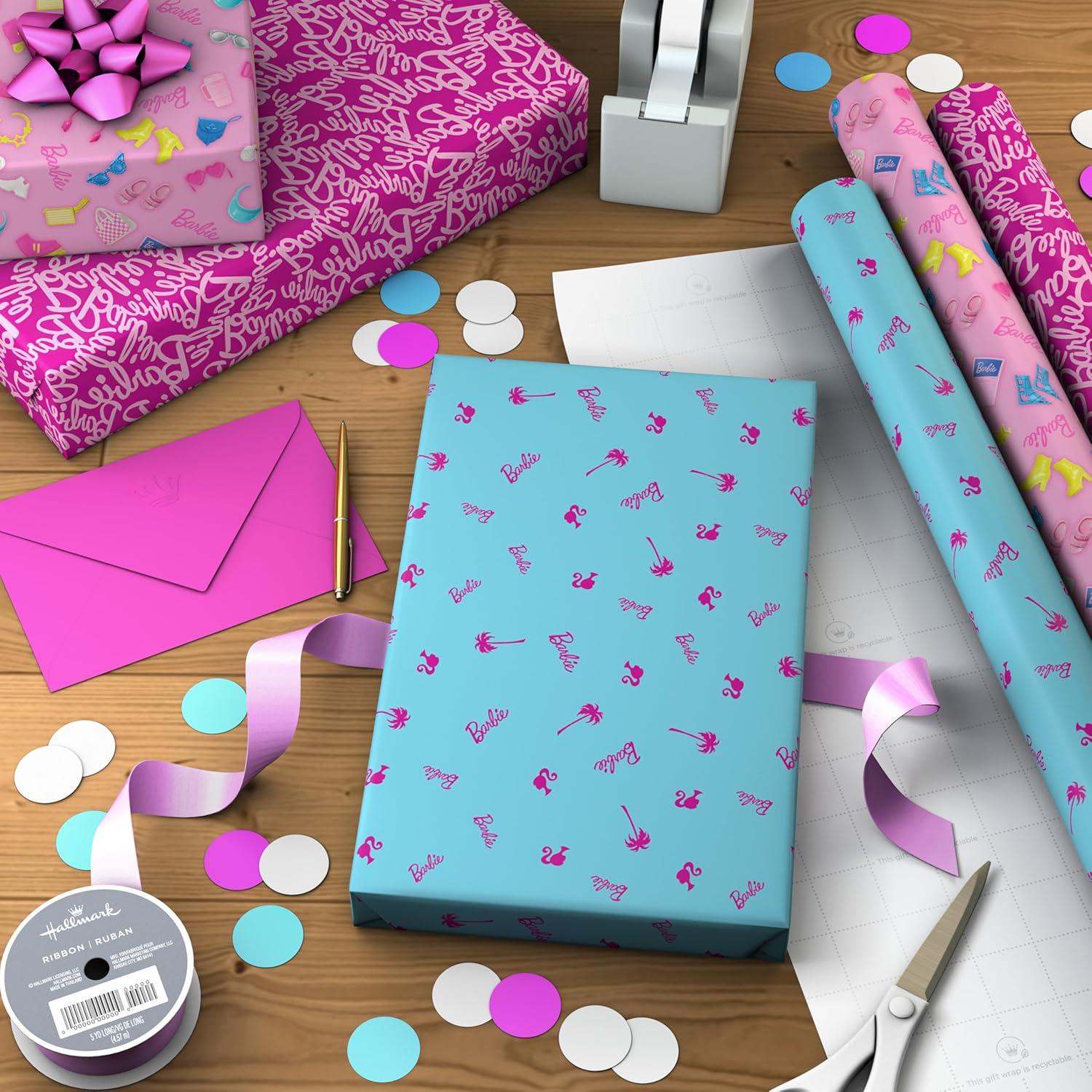 image:imageHallmark Pink and Blue Barbie Wrapping Paper Rolls 3 Rolls 60 Sq Ft Total for Birthdays Kids Teens Galentines Day Mothers Day Bridal Showers