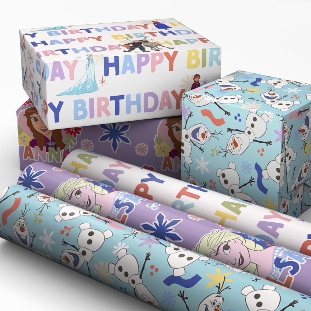 image:imageHallmark Disney Frozen Birthday Wrapping Paper Mini Rolls 3Pack Elsa and Anna on Purple Olaf on Blue for Kids Parties Christmas Celebrations Any Occasion  45 Sq Ft Total