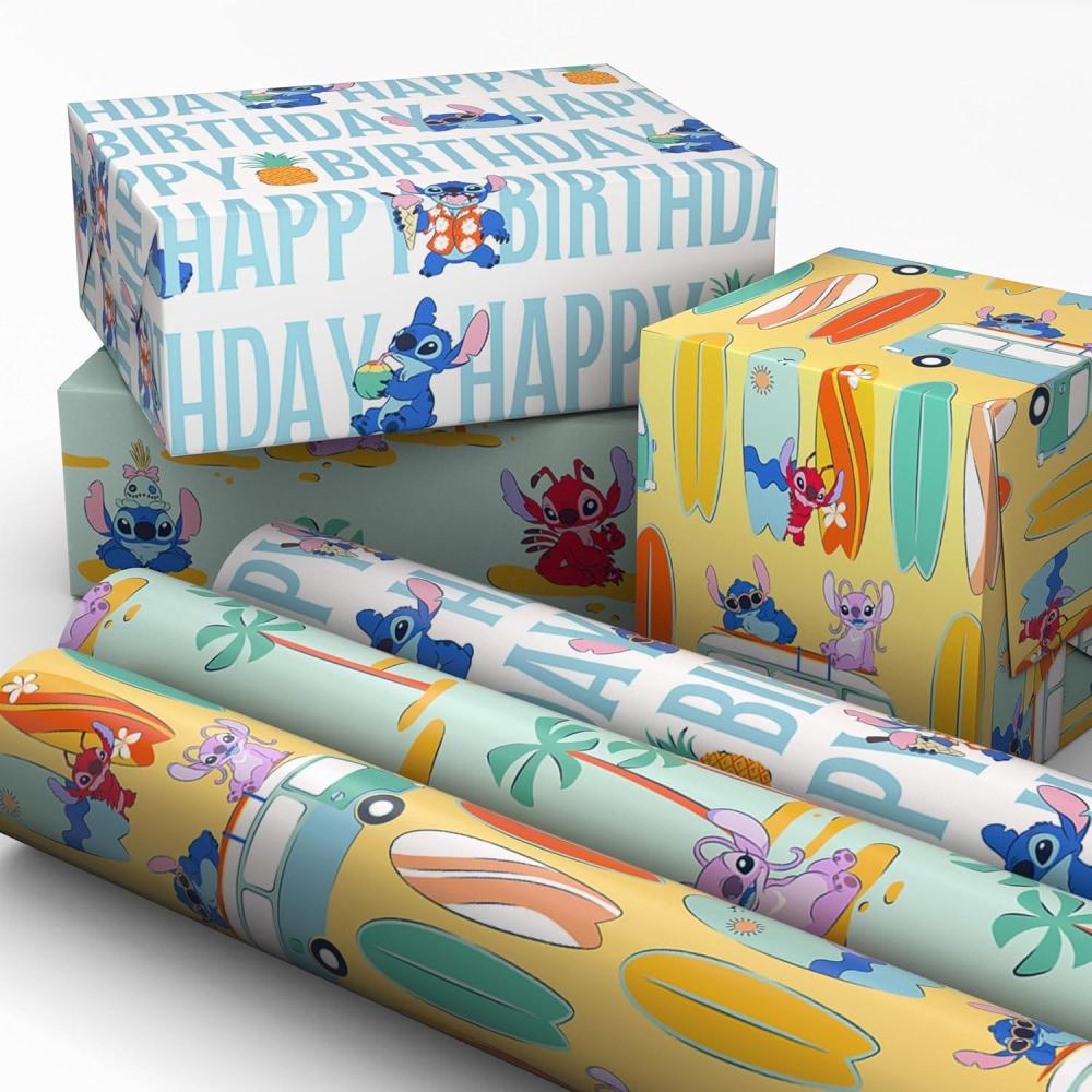 image:imageHallmark Disney Stitch Birthday Wrapping Paper Mini Rolls 3Pack Surfboards Palm Trees Pineapples for Kids Parties Christmas Celebrations Any Occasion  45 Sq Ft Total