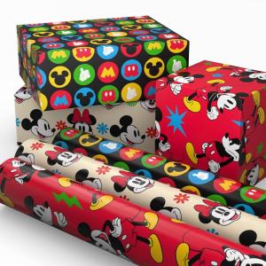 Hallmark Disney Mickey Mouse Wrapping Paper Mini Rolls, 3-Pack (Mickey, Minnie, Mouse Ears, Red and Black) for Birthdays, Graduations, Celebrations, Any Occasion – 45 Sq. Ft. Total