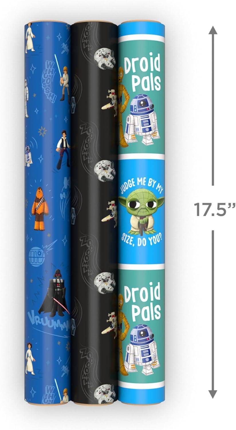 image:imageHallmark Star Wars Wrapping Paper Mini Rolls 3Pack Darth Vader Luke Han Solo Millennium Falcon Ewoks Yoda for Birthday May the 4th Graduation Fathers Day Any Occasion 45 Sq Ft Total