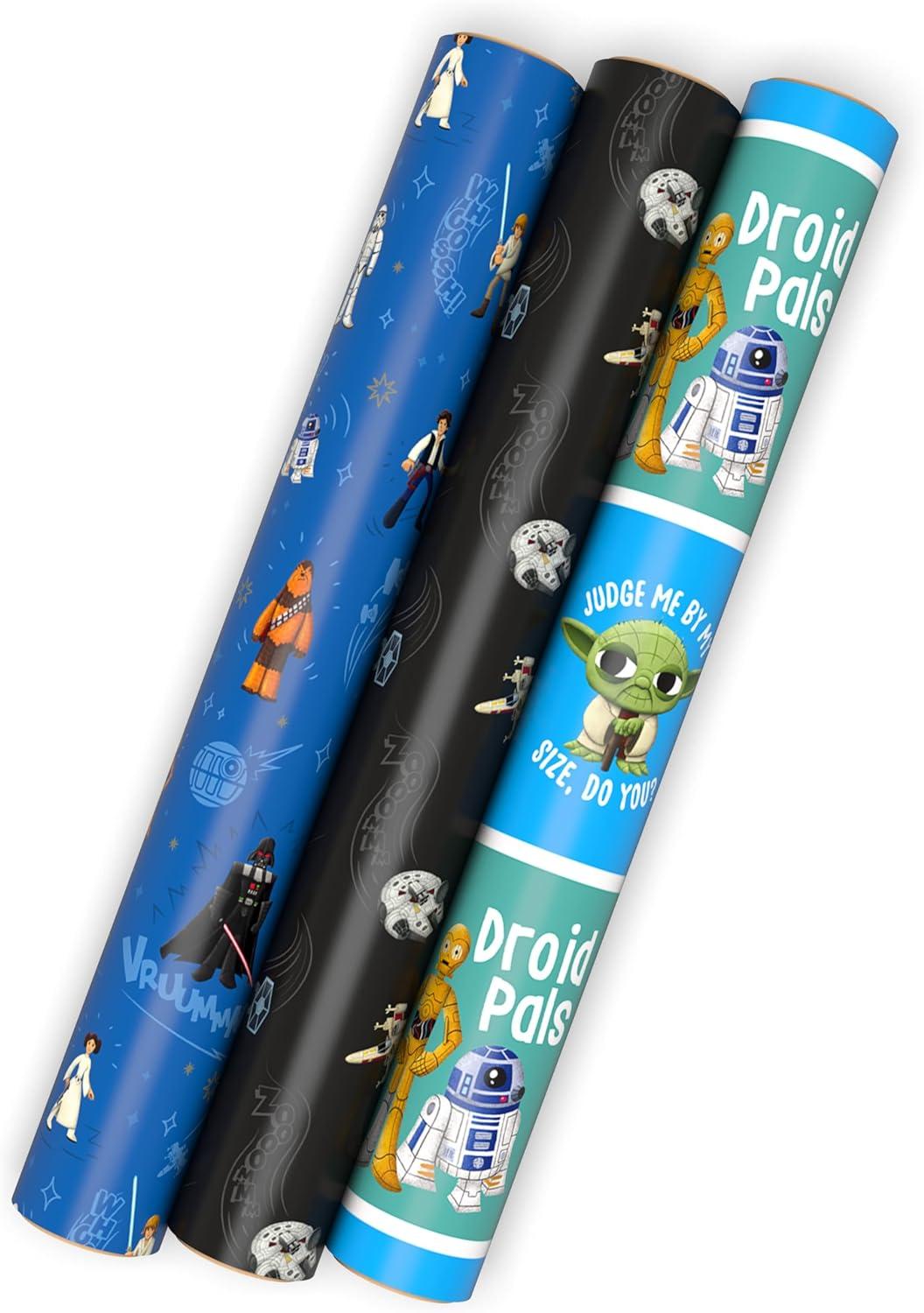 image:imageHallmark Star Wars Wrapping Paper Mini Rolls 3Pack Darth Vader Luke Han Solo Millennium Falcon Ewoks Yoda for Birthday May the 4th Graduation Fathers Day Any Occasion 45 Sq Ft Total