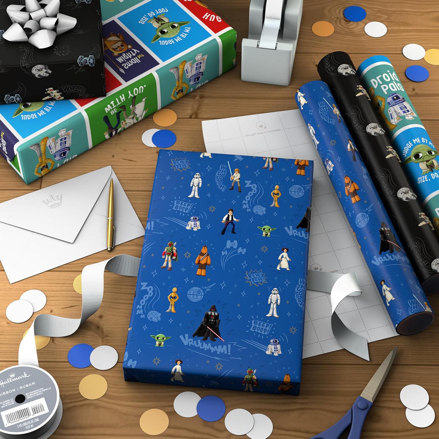 image:imageHallmark Star Wars Wrapping Paper Mini Rolls 3Pack Darth Vader Luke Han Solo Millennium Falcon Ewoks Yoda for Birthday May the 4th Graduation Fathers Day Any Occasion 45 Sq Ft Total