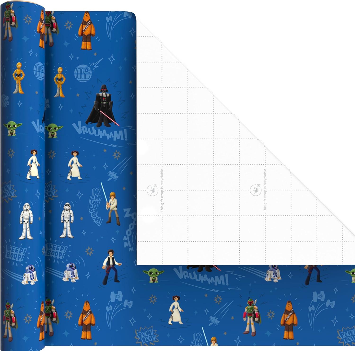 image:imageHallmark Star Wars Wrapping Paper Mini Rolls 3Pack Darth Vader Luke Han Solo Millennium Falcon Ewoks Yoda for Birthday May the 4th Graduation Fathers Day Any Occasion 45 Sq Ft Total