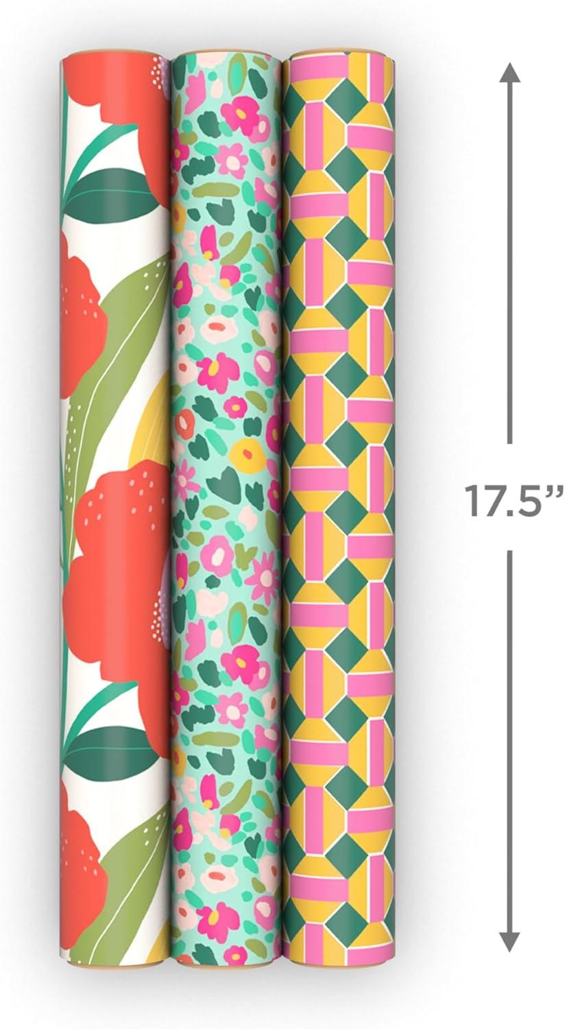 image:imageHallmark Floral Wrapping Paper Mini Rolls 3Pack Pink Orange Yellow Flowers on Teal Green and Pink Geometric for Birthdays Easter Mothers Day Bridal Showers Any Occasion 60 Sq Ft TotalFlorals Geometric 3 Mini Rolls
