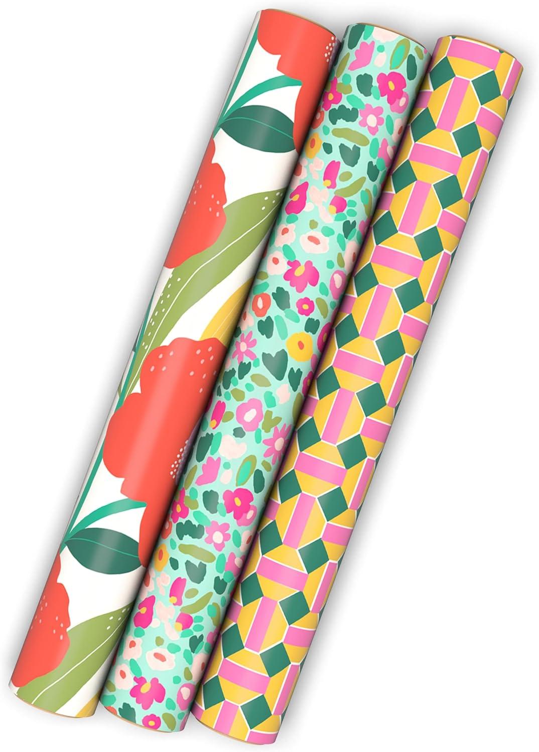 image:imageHallmark Floral Wrapping Paper Mini Rolls 3Pack Pink Orange Yellow Flowers on Teal Green and Pink Geometric for Birthdays Easter Mothers Day Bridal Showers Any Occasion 60 Sq Ft TotalFlorals Geometric 3 Mini Rolls