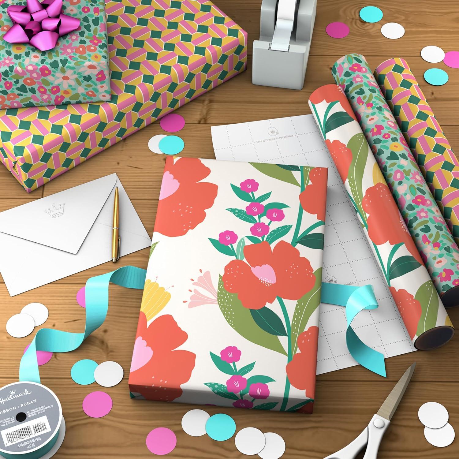 image:imageHallmark Floral Wrapping Paper Mini Rolls 3Pack Pink Orange Yellow Flowers on Teal Green and Pink Geometric for Birthdays Easter Mothers Day Bridal Showers Any Occasion 60 Sq Ft TotalFlorals Geometric 3 Mini Rolls