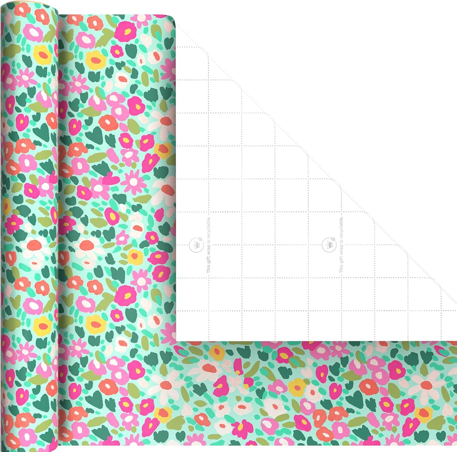 image:imageHallmark Floral Wrapping Paper Mini Rolls 3Pack Pink Orange Yellow Flowers on Teal Green and Pink Geometric for Birthdays Easter Mothers Day Bridal Showers Any Occasion 60 Sq Ft TotalFlorals Geometric 3 Mini Rolls