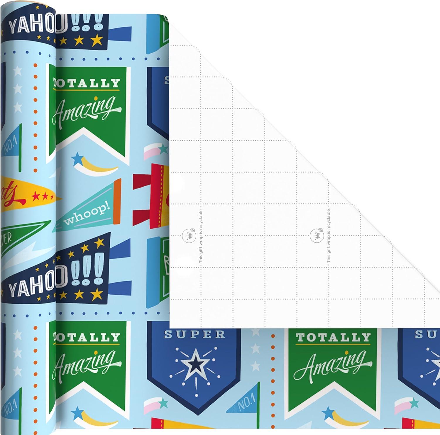 image:imageHallmark Sports Wrapping Paper Mini Rolls 3Pack Pennants Green Grid Basketball Baseball Football for Birthdays Graduations Fathers Day Any Occasion 60 Sq Ft TotalSports 3 Mini Rolls