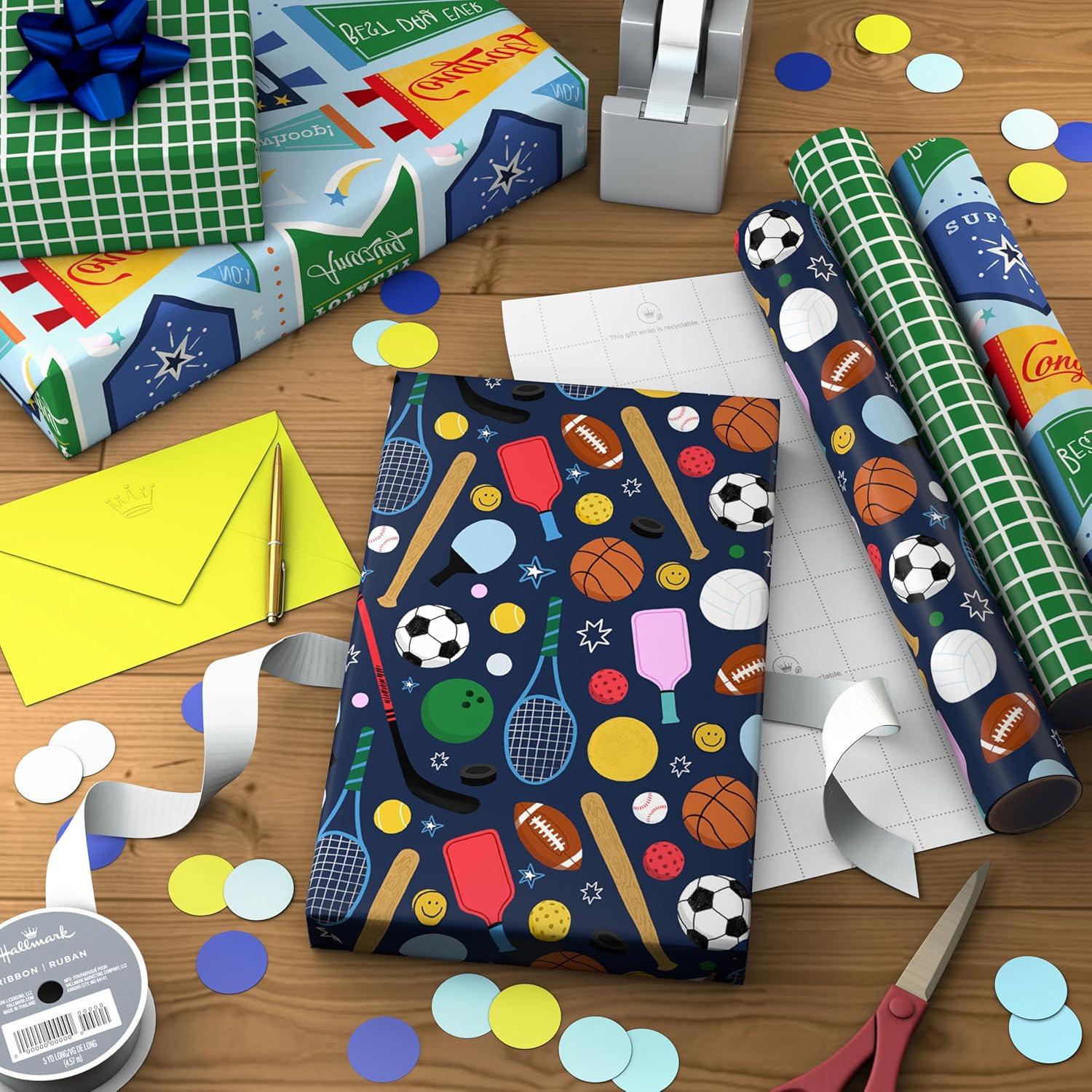 image:imageHallmark Sports Wrapping Paper Mini Rolls 3Pack Pennants Green Grid Basketball Baseball Football for Birthdays Graduations Fathers Day Any Occasion 60 Sq Ft TotalSports 3 Mini Rolls