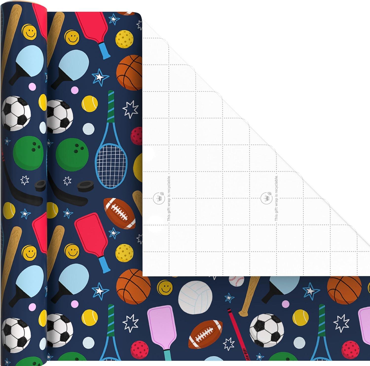 image:imageHallmark Sports Wrapping Paper Mini Rolls 3Pack Pennants Green Grid Basketball Baseball Football for Birthdays Graduations Fathers Day Any Occasion 60 Sq Ft TotalSports 3 Mini Rolls