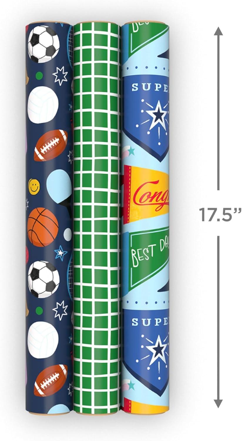 image:imageHallmark Sports Wrapping Paper Mini Rolls 3Pack Pennants Green Grid Basketball Baseball Football for Birthdays Graduations Fathers Day Any Occasion 60 Sq Ft TotalSports 3 Mini Rolls