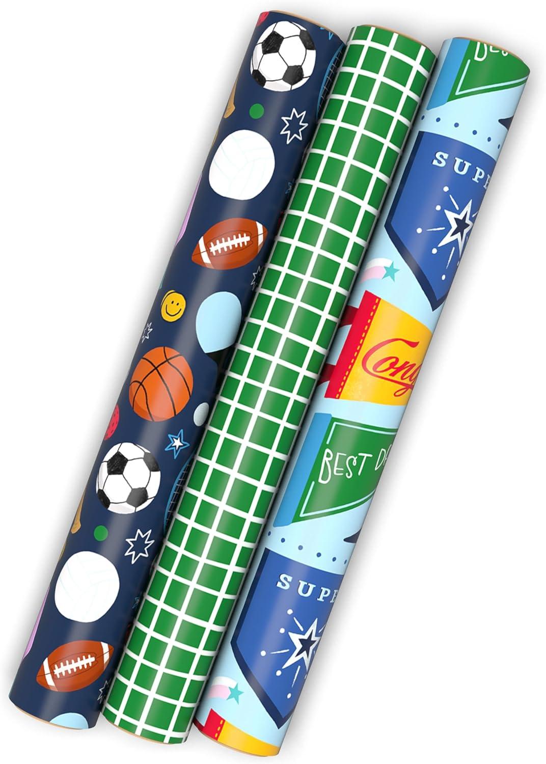 image:imageHallmark Sports Wrapping Paper Mini Rolls 3Pack Pennants Green Grid Basketball Baseball Football for Birthdays Graduations Fathers Day Any Occasion 60 Sq Ft TotalSports 3 Mini Rolls