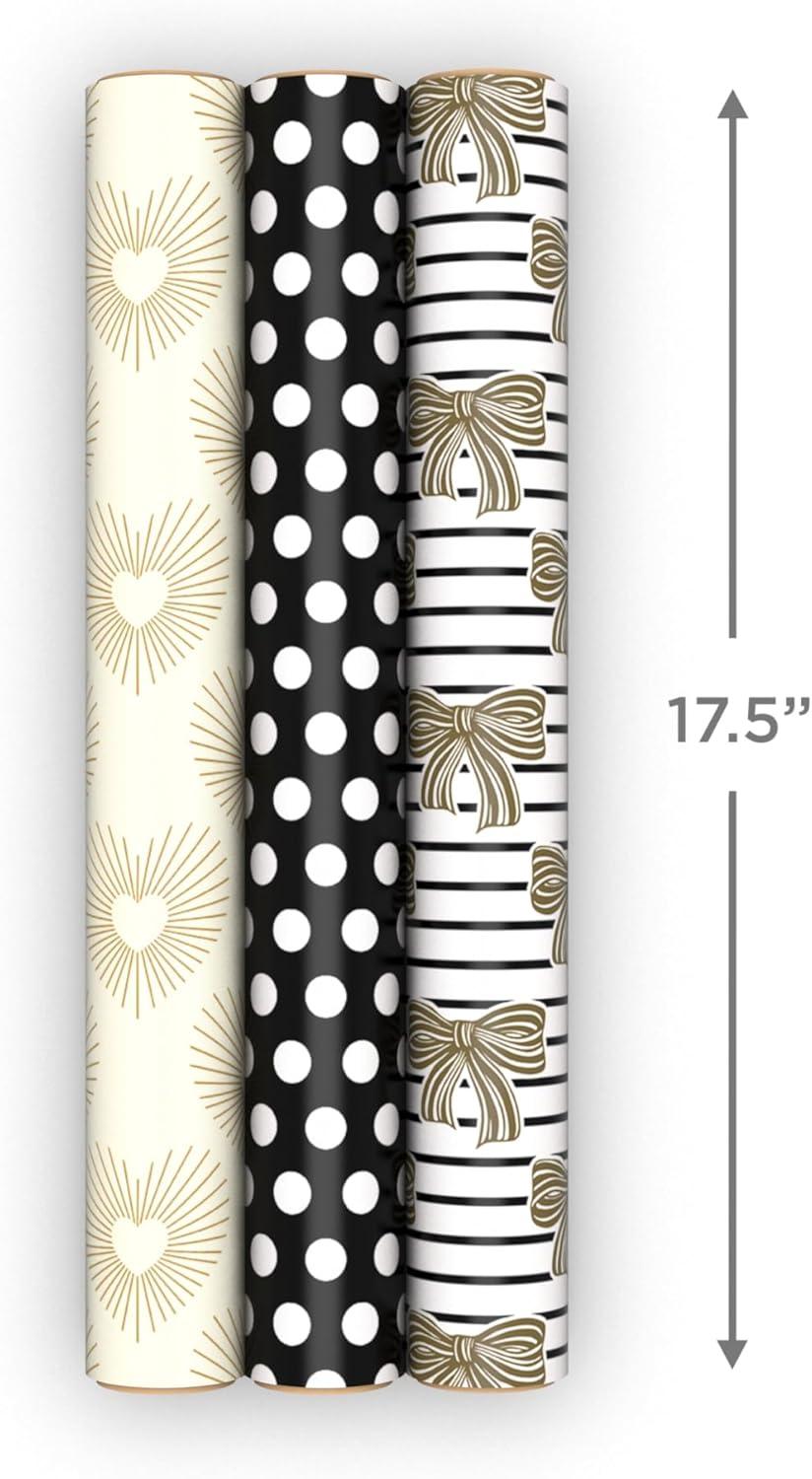 image:imageHallmark Wedding Wrapping Paper Mini Rolls 3Pack Gold Hearts Bows Black and White Stripes Dots for Bridal Showers Graduations Valentines Day Any Occasion 60 Sq Ft TotalGold Hearts Bows Polka Dots 3 Mini Rolls