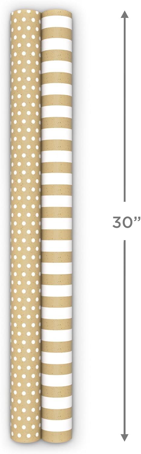 image:imageHallmark Wedding Wrapping Paper Mini Rolls 3Pack Gold Hearts Bows Black and White Stripes Dots for Bridal Showers Graduations Valentines Day Any Occasion 60 Sq Ft TotalKraft Paper Stripes and Polka Dots 2 Rolls