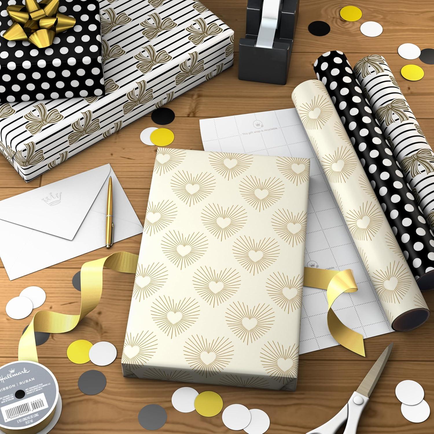 image:imageHallmark Wedding Wrapping Paper Mini Rolls 3Pack Gold Hearts Bows Black and White Stripes Dots for Bridal Showers Graduations Valentines Day Any Occasion 60 Sq Ft TotalGold Hearts Bows Polka Dots 3 Mini Rolls