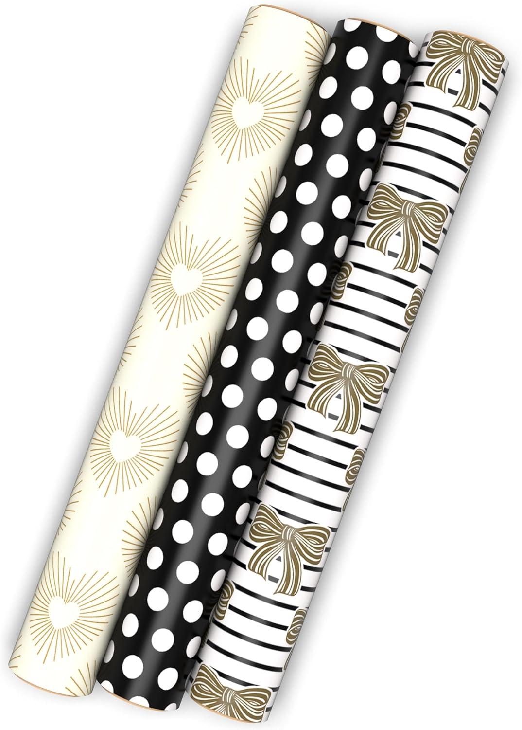 image:imageHallmark Wedding Wrapping Paper Mini Rolls 3Pack Gold Hearts Bows Black and White Stripes Dots for Bridal Showers Graduations Valentines Day Any Occasion 60 Sq Ft TotalGold Hearts Bows Polka Dots 3 Mini Rolls