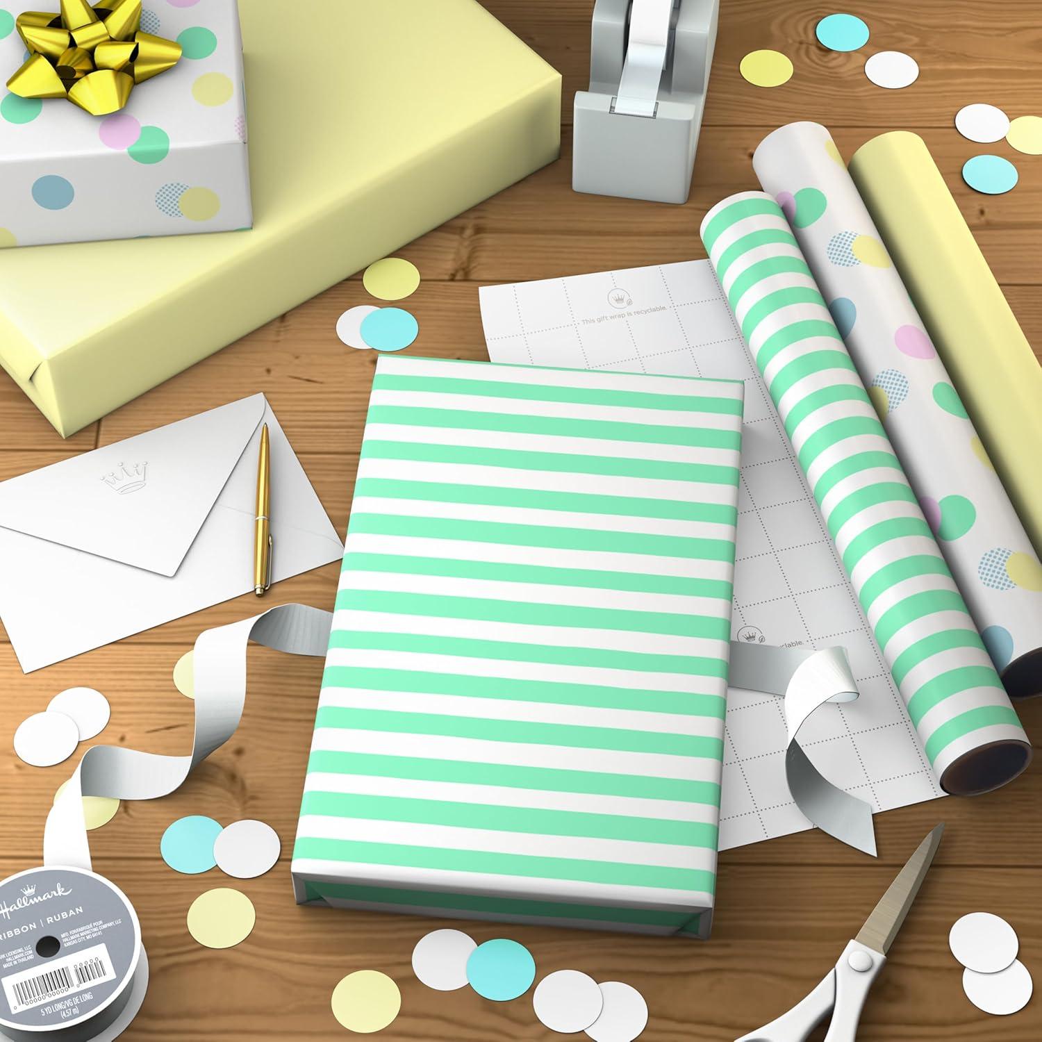 image:imageImage Arts Baby Wrapping Paper Mini Rolls 3Pack Pastel Polka Dots Mint Green Stripes Solid Light Yellow for Birthdays Baby Showers Gender Reveal Party Easter Any Occasion 27 Sq Ft Total