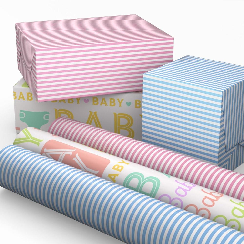 image:imageHallmark Baby Wrapping Paper Mini Rolls 3Pack Pink and Blue Stripes Cute Icons for Baby Showers First Birthdays Gender Reveal Parties Boy Girl  60 Sq Ft TotalPink and Blue Stripes  Baby Icons 3 Mini Rolls