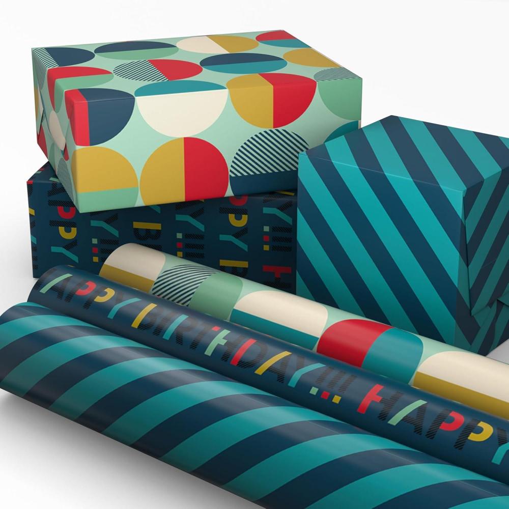 image:imageHallmark Birthday Wrapping Paper Mini Rolls 3Pack Navy Blue and Teal Stripes Orange and Yellow Mod Circles for Graduations Fathers Day Easter Any Occasion 60 Sq Ft TotalStripes Mod Circles Happy Birthday 3 Mini Rolls