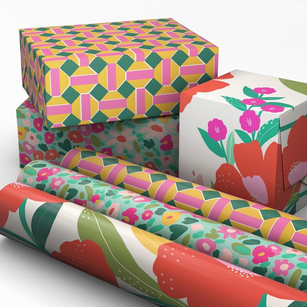 image:imageHallmark Floral Wrapping Paper Mini Rolls 3Pack Pink Orange Yellow Flowers on Teal Green and Pink Geometric for Birthdays Easter Mothers Day Bridal Showers Any Occasion  60 Sq Ft TotalFlorals  Geometric 3 Mini Rolls