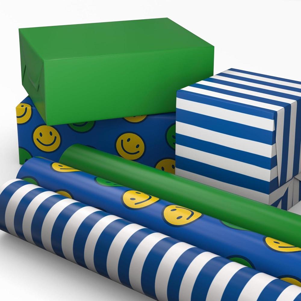 image:imageHallmark Image Arts Birthday Wrapping Paper Mini Rolls 3Pack Blue Stripes Solid Green Smiley Faces for Kids Parties Graduations Fathers Day Easter Any Occasion  27 Sq Ft Total