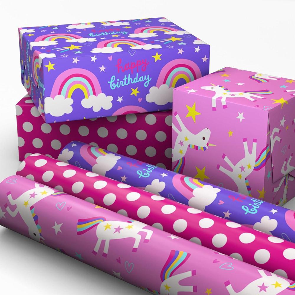 image:imageHallmark Kids Birthday Wrapping Paper Mini Rolls 3Pack Unicorns Rainbows on Purple Pink with White Polka Dots for Birthday Parties Easter Baby Showers Any Occasion  60 Sq Ft TotalUnicorns  Rainbows  Polka Dots 3 Mini Rolls
