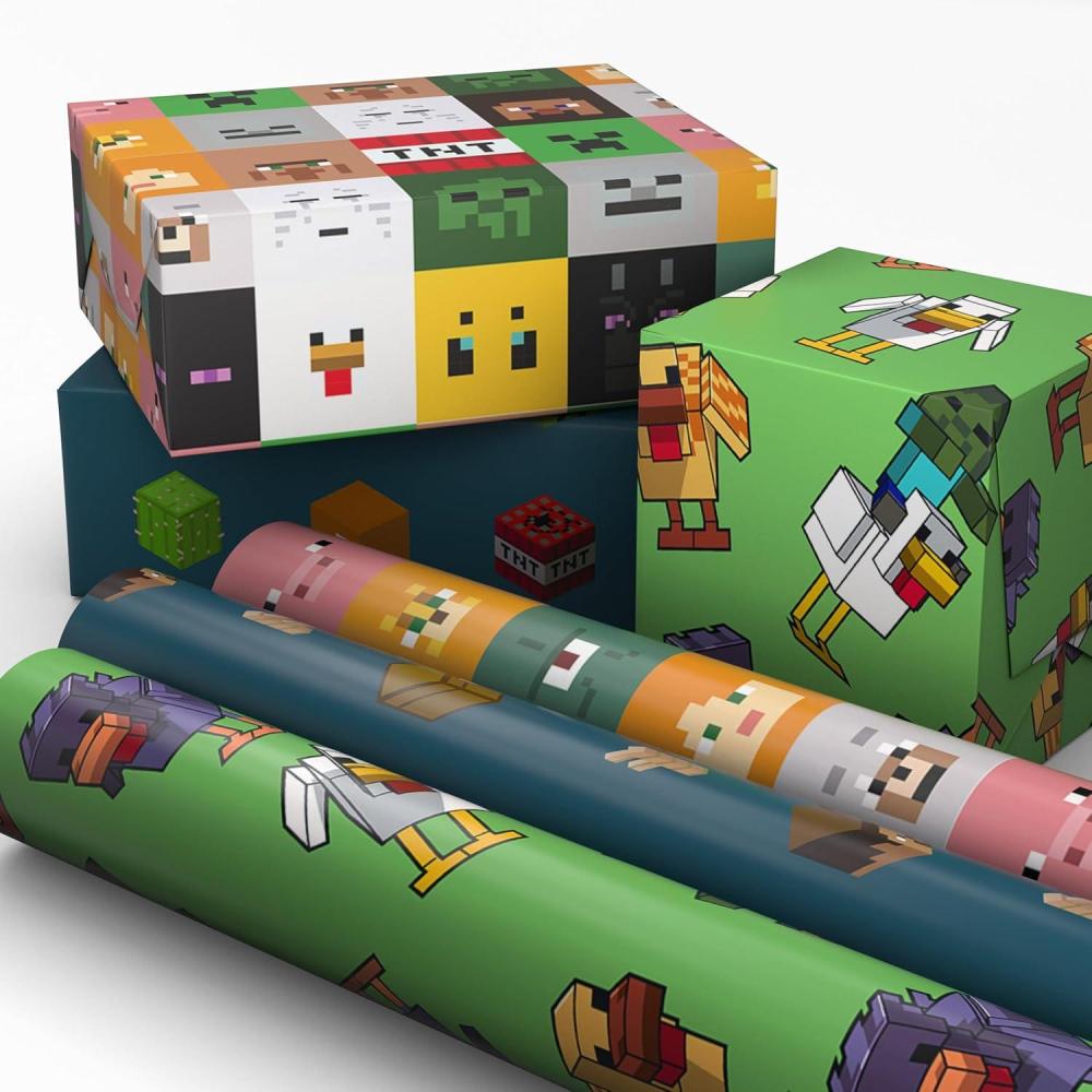 image:imageHallmark Minecraft Wrapping Paper Mini Rolls 3Pack Zombie Chicken TNT Pig for Birthdays Graduations Christmas Gamers Kids Parties Any Occasion 45 Sq Ft TotalMinecraft 3 Mini Rolls