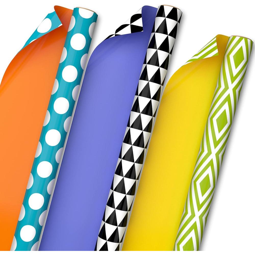 image:imageHallmark Striped Wrapping Paper Mini Rolls 3Pack Pink Orange Teal Green Blue Yellow Pastels for Birthdays Easter Mothers Day Fathers Day Graduations Any Occasion  60 Sq Ft TotalPolka Dots  Triangles  Diamonds 3 Rolls