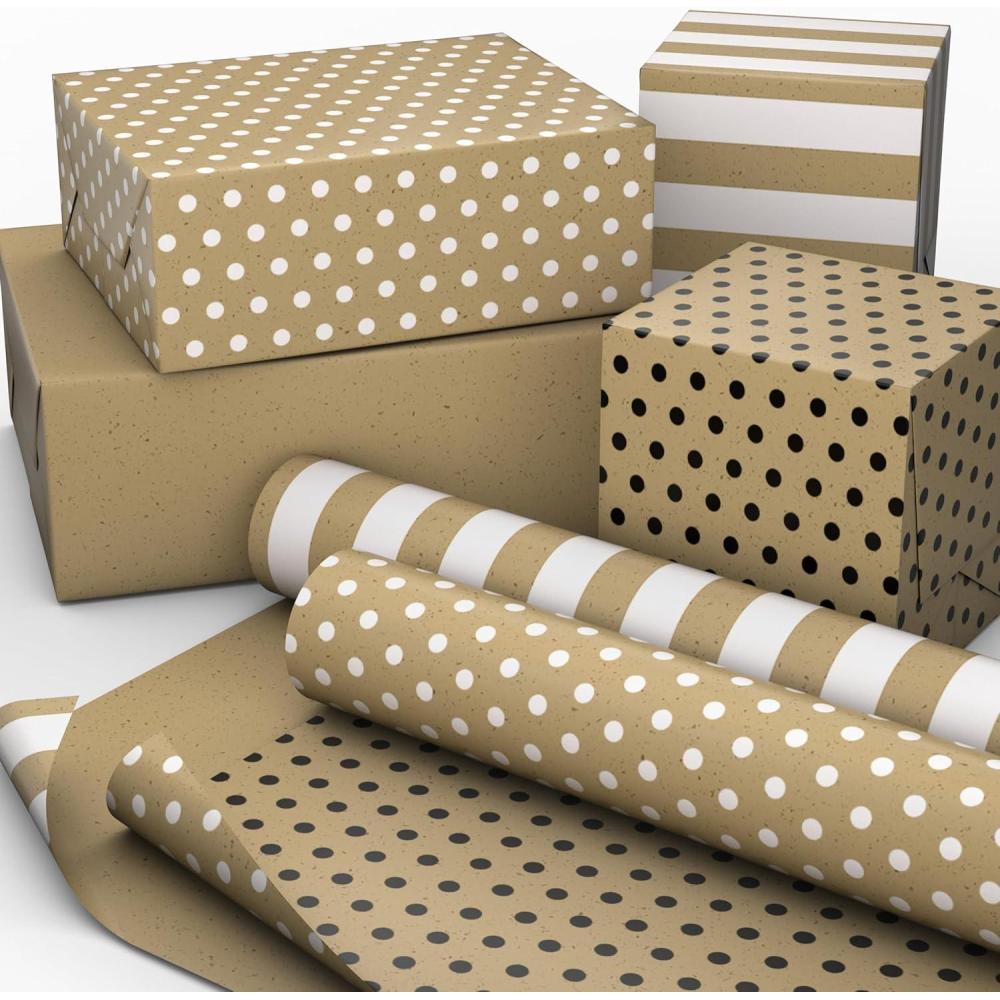 image:imageHallmark Wedding Wrapping Paper Mini Rolls 3Pack Gold Hearts Bows Black and White Stripes Dots for Bridal Showers Graduations Valentines Day Any Occasion  60 Sq Ft TotalKraft Paper Stripes and Polka Dots 2 Rolls