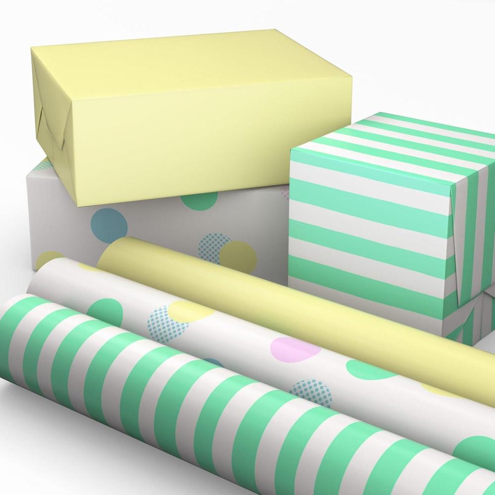 image:imageImage Arts Baby Wrapping Paper Mini Rolls 3Pack Pastel Polka Dots Mint Green Stripes Solid Light Yellow for Birthdays Baby Showers Gender Reveal Party Easter Any Occasion 27 Sq Ft Total