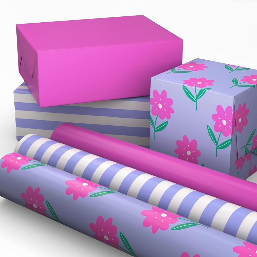image:imageImage Arts Birthday Wrapping Paper Mini Rolls 3Pack Pink Flowers on Purple Solid Pink Purple and White Stripes for Kids Parties Mothers Day Easter Spring Any Occasion 27 Sq Ft Total