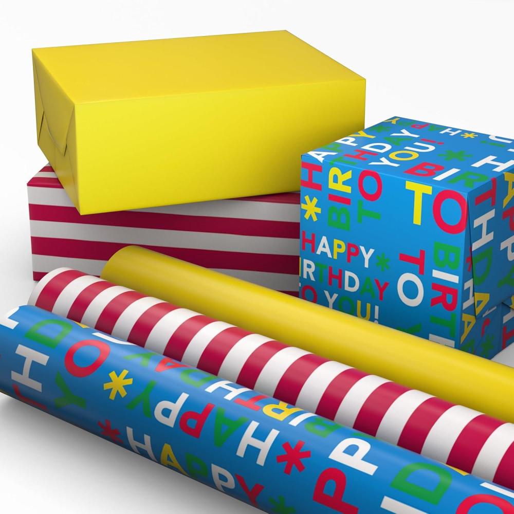 image:imageImage Arts Birthday Wrapping Paper Mini Rolls 3Pack Red and White Stripes Solid Yellow Colorful Lettering on Blue for Fathers Day Graduations Kids Parties Any Occasion 27 Sq Ft Total
