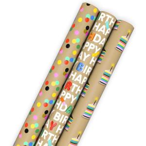 Hallmark Birthday Wrapping Paper Mini Rolls, 3-Pack (Balloon Animals, Cake Frosting, Rainbow Sprinkles) for Kids Parties, Graduations, Celebrations, Any Occasion – 60 Sq. Ft. Total(Polka Dots  Cake  Happy Birthday (3 Rolls))