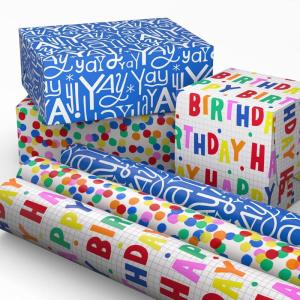 Hallmark Birthday Wrapping Paper Mini Rolls, 3-Pack (Rainbow Polka Dots and Lettering, Blue and White Yay) for Kids Parties, Graduations, Celebrations, Any Occasion – 60 Sq. Ft. Total(Rainbow Polka Dots  Yay!  Happy Birthday (3 Mini Rolls))