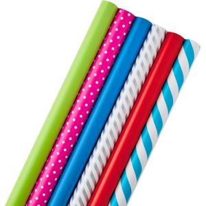Hallmark Birthday Wrapping Paper Mini Rolls, 3-Pack (Wavy Rainbow Stripes, Colorful Balloons, Polka Dots on Blue) for Graduations, Kids Parties, Celebrations, Any Occasion – 60 Sq. Ft. Total(Polka Dots  Stripes  Solid (6 Rolls))