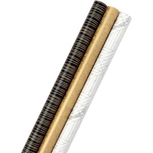 Hallmark Elegant Wrapping Paper Mini Rolls, 3-Pack (Art Deco Gold, Pink Geometric, Navy Blue) for Birthdays, Graduations, Weddings, Mother’s Day, Father’s Day, Any Occasion – 60 Sq. Ft. Total(Marble  Black  Antiqued Gold (3 Rolls))