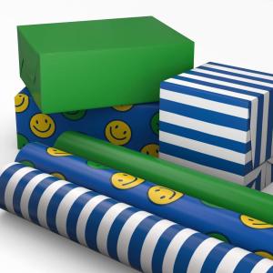Hallmark Image Arts Birthday Wrapping Paper Mini Rolls, 3-Pack (Blue Stripes, Solid Green, Smiley Faces) for Kids Parties, Graduations, Father’s Day, Easter, Any Occasion – 27 Sq. Ft. Total