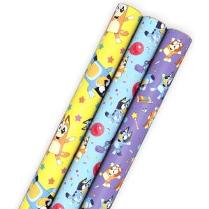 Hallmark Kids Birthday Wrapping Paper Mini Rolls, 3-Pack (Monsters, Cars, Stripes, Blue with White Polka Dots) for Birthdays, Kids Parties, Celebrations, Any Occasion – 60 Sq. Ft. Total(Bluey (3 Rolls))