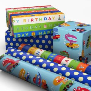 Hallmark Kids Birthday Wrapping Paper Mini Rolls, 3-Pack (Monsters, Cars, Stripes, Blue with White Polka Dots) for Birthdays, Kids Parties, Celebrations, Any Occasion – 60 Sq. Ft. Total(Monsters  Cars  Polka Dots (3 Mini Rolls))