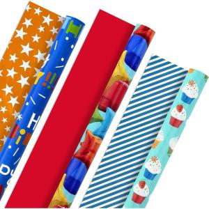 Hallmark Kids Birthday Wrapping Paper Mini Rolls, 3-Pack (Unicorns, Rainbows on Purple, Pink with White Polka Dots) for Birthday Parties, Easter, Baby Showers, Any Occasion – 60 Sq. Ft. Total(Cupcakes  Stars  Balloons (3 Rolls))
