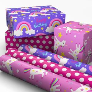 Hallmark Kids Birthday Wrapping Paper Mini Rolls, 3-Pack (Unicorns, Rainbows on Purple, Pink with White Polka Dots) for Birthday Parties, Easter, Baby Showers, Any Occasion – 60 Sq. Ft. Total(Unicorns  Rainbows  Polka Dots (3 Mini Rolls))