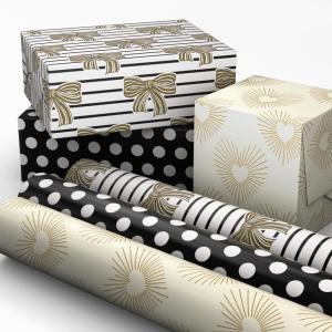 Hallmark Wedding Wrapping Paper Mini Rolls, 3-Pack (Gold Hearts, Bows, Black and White Stripes, Dots) for Bridal Showers, Graduations, Valentine’s Day, Any Occasion – 60 Sq. Ft. Total(Gold Hearts  Bows  Polka Dots (3 Mini Rolls))