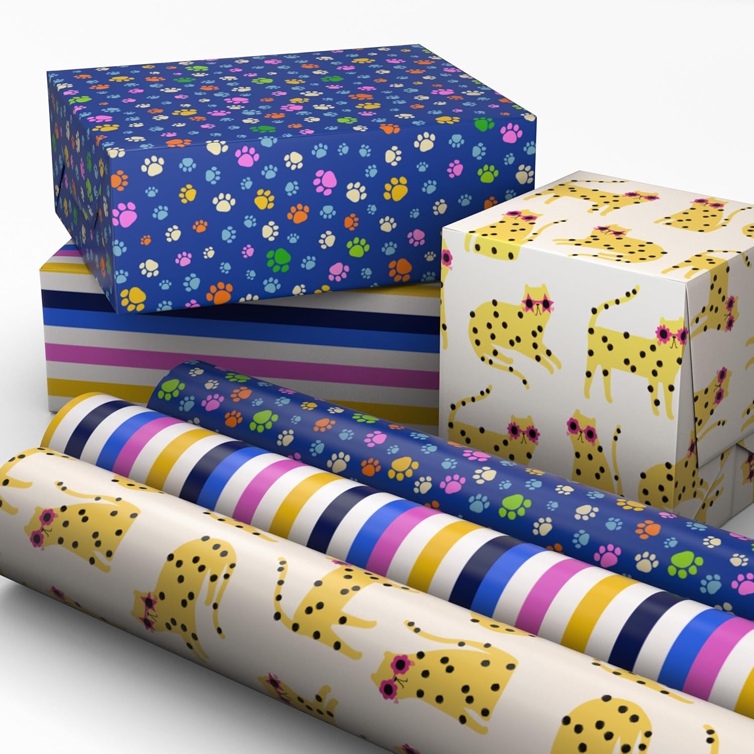image:imageHallmark Cat Wrapping Paper Rolls with Cutlines on Reverse 3 Rolls 75 Sq Ft Total Cheetahs in Sunglasses Paw Prints Pink Yellow and Blue StripesCheetahs in Sunglasses Paw Prints Stripes
