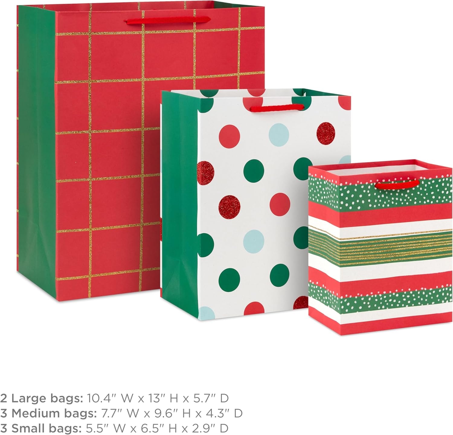image:imageHallmark Glittery Red White and Green Gift Bag Assortment 8 Bags 3 Small 6 3 Medium 9 2 Large 13 Gold Glitter Stripes Polka Dots Windowpane Plaid for Christmas Birthdays HolidaysPlaid Polka Dots Stripes